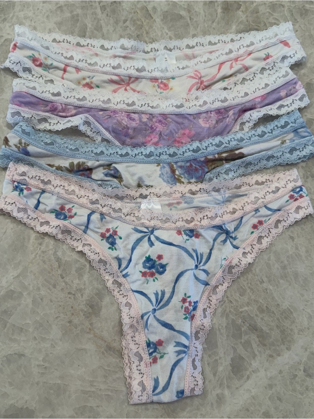 Lace-Trim Floral Thong Panties - Pastel Multi